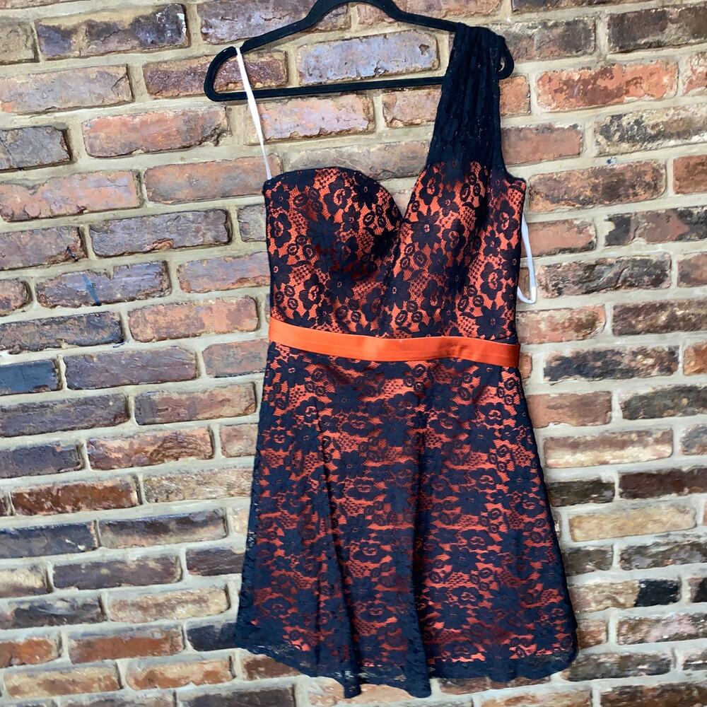 Christina Wu Black Orange Lace One-Shoulder Mini Short Dress Women's Size 18
